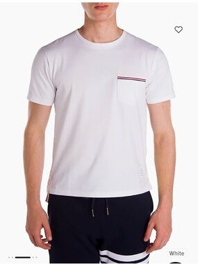 Thom Browne White Crewneck Pocket Tee with Red & Navy Trim